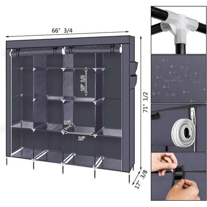 Шафа розкладна з штангою для одягу та полицями TactFire, 170x45x180 см, сіра