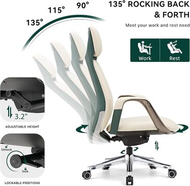 Ергономічне крісло EUREKA для офісу та дому: шкіряне, регульоване, для роботи, бізнес-крісло, дихаюче, комфортне, для керівника, білий колір
