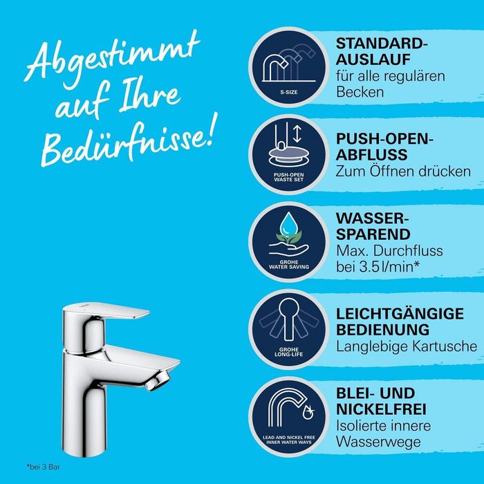 Змішувач для ванної кімнати GROHE StartEdge, економічний, з холодною водою в середній позиції (з поп-ап зливом, інструментом 3-в-1, легко встановлюється), 23900001 (хром, S-Size, з Push-Open зливним пристроєм)