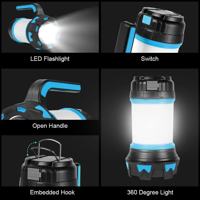 Світлодіодна лампа Flintronic для кемпінгу, портативна акумуляторна лампа на 1000 люмен, світлодіодний ліхтар з 6 режимами освітлення, водонепроникний прожектор з USB-кабелем, акумуляторна лампа ємністю 3600 мАг для кемпінгу, нічної риболовлі, полювання 3