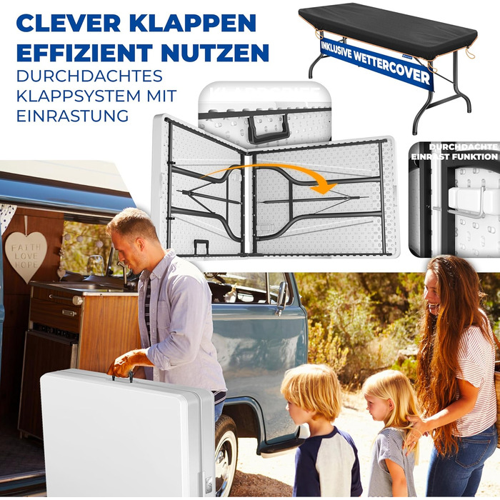 Стол KESSER® розкладний буфет пластиковий 183x76 см для кемпінгу, відпочинку, саду, тераси, балкону на 6 осіб з чохлом та ручкою, білий