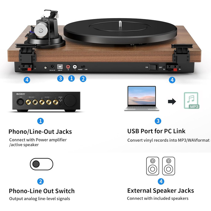 HiFi вініловий програвач Bluetooth USB з динаміками, стереосистема з регульованим противагою, магнітним картриджем та RCA виходом