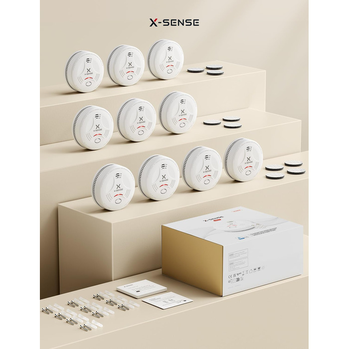 Датчик диму X-Sense з батареєю на 10 років та магнітним кріпленням, 10 шт. (SD11), сертифікат TÜV Rheinland, функція вимкнення звуку та самотестування, білий