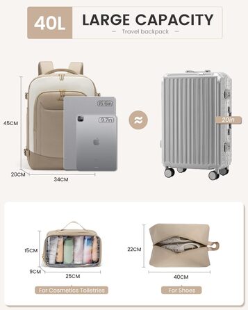 Чоловічий/Жіночий рюкзак OVEVOOK для ручної поклажі в літак, 40л, великий дорожній рюкзак-валіза з відділенням для ноутбука, водонепроникний, для подорожей, ділових поїздок, вихідних (L, Хакі-беж)