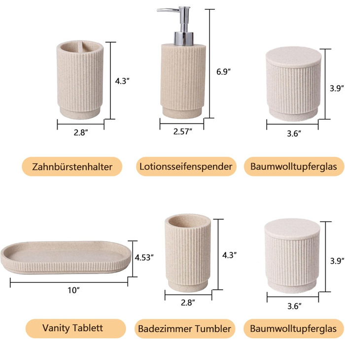 Набір для ванної кімнати 6 предметів: дозатор для мила, стаканчик для зубної щітки з підносом та коробочка для ватних паличок – смугастий дизайн, високоякісна смола (бежевий)