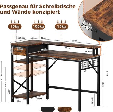 Ігровий стіл Oak & Tea 120x52 см з ящиками, регульованою полицею та тримачем для монітора – для навчання, ігор, роботи та дому. Колір: коричневий та чорний (вінтажний).