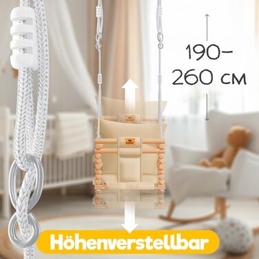 Дитячий гойдалка-колиска KIDIZ® для немовлят від 6 місяців та малюків до 3+ років (Бежевий) - дерев'яна, з регульованою висотою та м'якою подушкою, для дому та вулиці