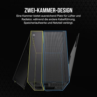 Корпус для ПК CORSAIR 6500D Airflow Mid-Tower ATX, двокамерний, без вентиляторів, чорний, підтримка реверсивних материнських плат, висока гнучкість охолодження