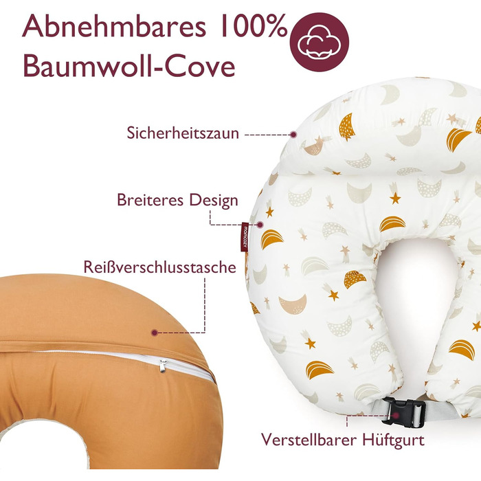 Подушка для годування Momcozy з захисним бордюром – ергономічна подушка для годування та підтримки з регульованим ремінцем та знімним бавовняним чохлом, дизайн 