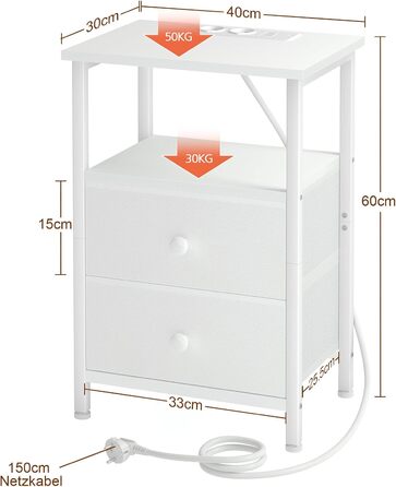 Нічний столик AMHANCIBLE з підзарядкою, приліжкові столики з висувними ящиками з тканини, журнальний столик з відкритою полицею, з 2 USB-портами та 2 розетками, для спальні та вітальні, HETS020GY-1 (Білий)