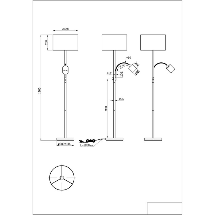 Торшер Lightling, матовий нікель, тканинний абажур, без E27/E14, ø 35см, H 170см, антрацит