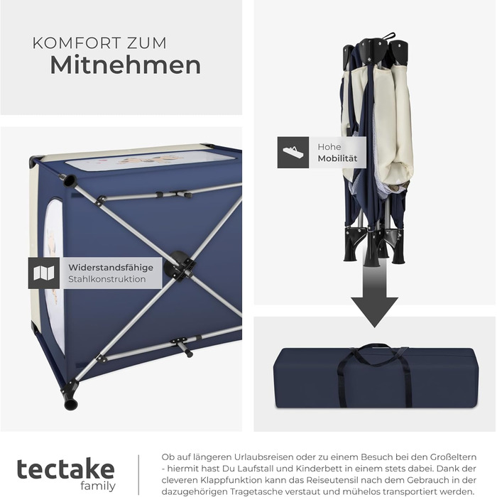 Дитячий портативний ліжечко-ігровий центр Tectake® Navy Blue (з матрацом)