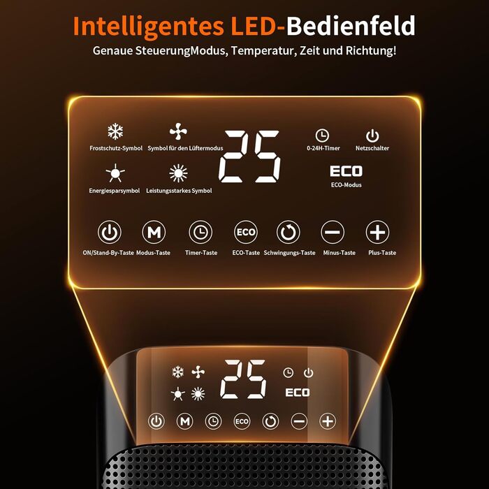 Електричний обігрівач YASHE 1800W з осциляцією 75°, економний та тихий, PTC керамічний нагрів з термостатом, захист від перегріву та перекидання, таймер 24 год, портативний з пульт керування