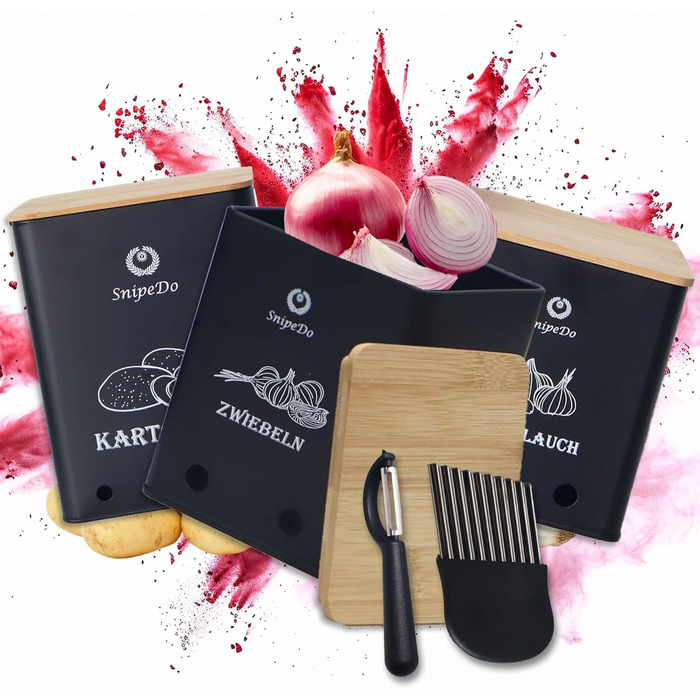 Набір коробок для зберігання картоплі, цибулі та часнику – 3 шт. Металеві овочеві контейнери з картопляницею та очищувачем – чорний колір