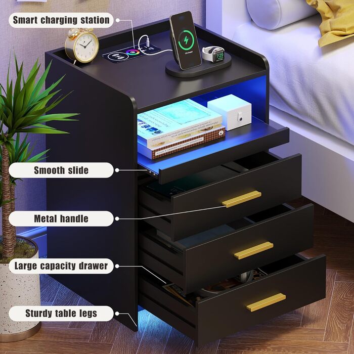 Нічний столик FREDEES з LED-підсвічуванням, ящиком, зарядкою та датчиком руху, сірий (2), чорний