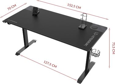 Ігровий стіл ULTRADESK Momentum, килимок розміру XXL, підставка для мобільного телефону, підстаканник, до 130 кг, чорний, 152.5x70 см