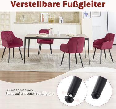 WOLTU Набір з 2 кухонних стільців з підлокітниками, для вітальні, кухні, їдальні. М'які стільці з оксамитовим покриттям, металеві ніжки, Бордовий колір