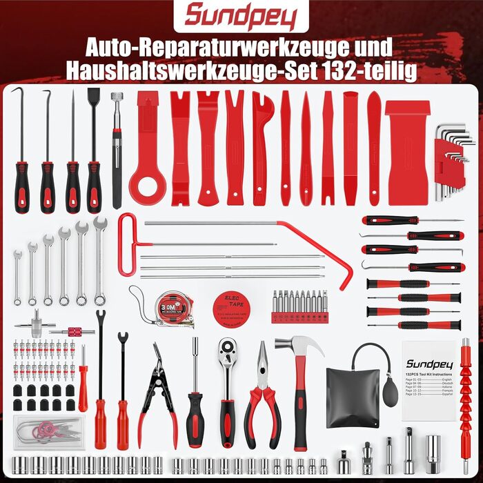 Набір інструментів Sundpey 379 предметів у кейсі з висувним ящиком, універсальний набір для дому та ремонту, червоний (132 предмети)