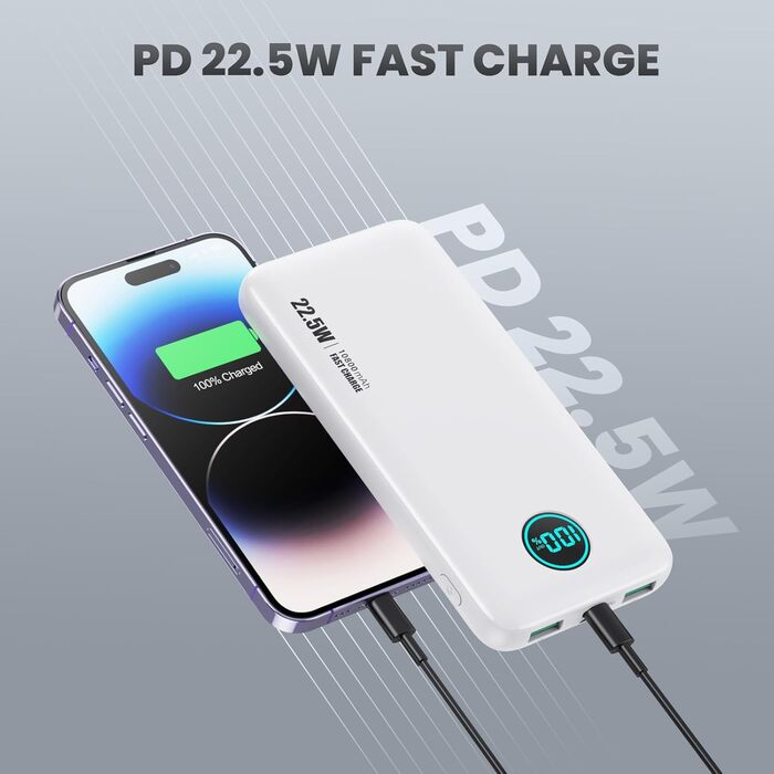 Швидкий зарядний пристрій 22.5 Вт, PD3.0 QC4.0 USB-C, LCD дисплей, 3 виходи, білий, 10800mAh