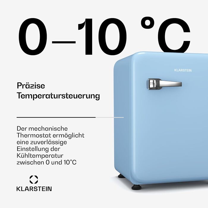 Холодильник Klarstein Audrey Evo 68L: Ретро-дизайн, тихий (40 dB), компресор, регульовані ніжки, двері, що відкидаються, для спальні та офісу (68 л, енергоклас E, блакитний)