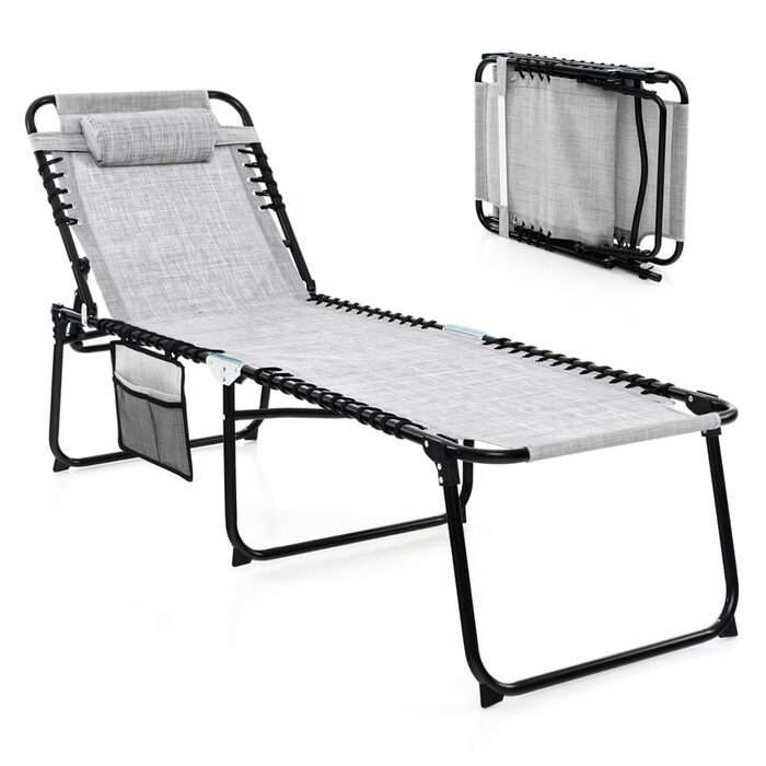 Шезлонг для саду Costway з підголівником та кишенею, висока посадка, регульована спинка, вантажопідйомність до 150 кг, сірий (188 x 59 x 41 см)