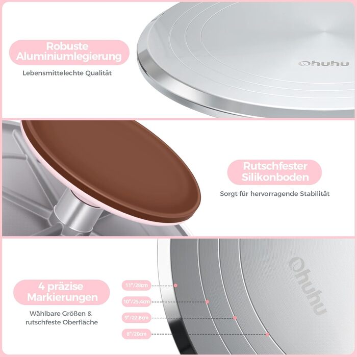 Ohuhu Поворотна платформа для тортів, 30 см, алюмінієвий сплав, 2 шпателі та 3 скребки, для декорування тортів та випічки, подарунок для кондитерів (Рожевий)