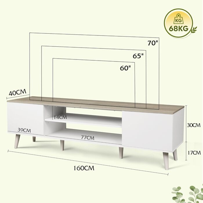 Тумба під телевізор WLIVE 160x40x47 см біла з двома дверцятами та відкритими полицями для вітальні, спальні, їдальні