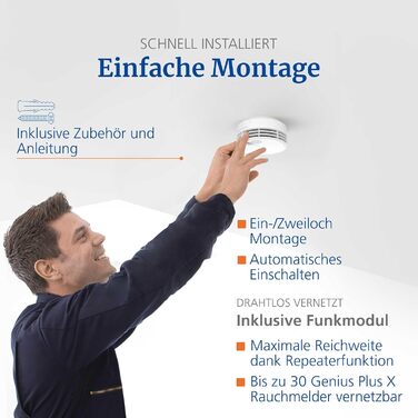 Пожежний сповіщувач Hekatron Genius Plus з батареєю на 10 років, тестування Stiftung Warentest, Made in Germany, з клейкою підкладкою, підтримка додатку, багатомовний, 1 шт.