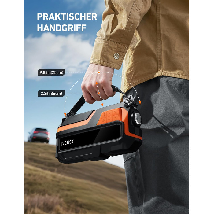 Powerbank AstroAI MF16 6000A з компресором 150PSI: старт для авто, мото, SUV (12V, 10L бензин/8L дизель), LED-дисплей, помаранчевий