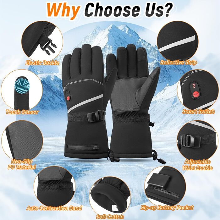 NEEOSI Обогревні рукавиці для чоловіків, 3-рівневий обігрів, акумулятор 7.4V 20000mAh, до 12 годин роботи, водонепроникні для альпінізму, походів, велоспорту, кемпінгу (L)