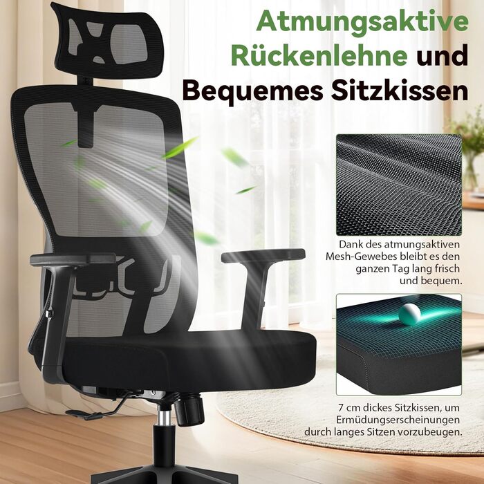 Ергономічне крісло для офісу, регульоване по висоті, поворотне з підтримкою попереку та підголівником, функція відкидання 90°-130°, максимальне навантаження 150 кг, чорний колір, X-Large