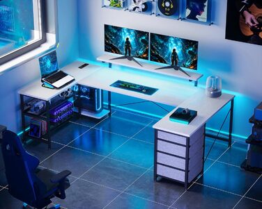 Кутовий стіл ODK з 4 шухлядами, місцем для зберігання, 2 розетками та 2 USB-портами для зарядки, з підсвічуванням LED та підставкою для монітора, 167×102 см, білий