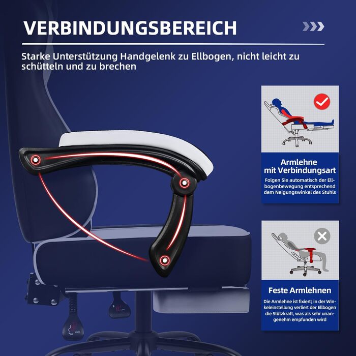 Ігровий крісло, ергономічний офісний стілець з телескопічною підніжкою, підголівник та підтримка попереку, регульований та поворотний, 150 кг, білий