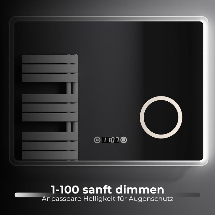 EMKE® LED дзеркало для ванної кімнати 80x60 см з підсвічуванням, сенсорне, регулювання яскравості, протитуманне, 3 кольори світла, годинник, IP44