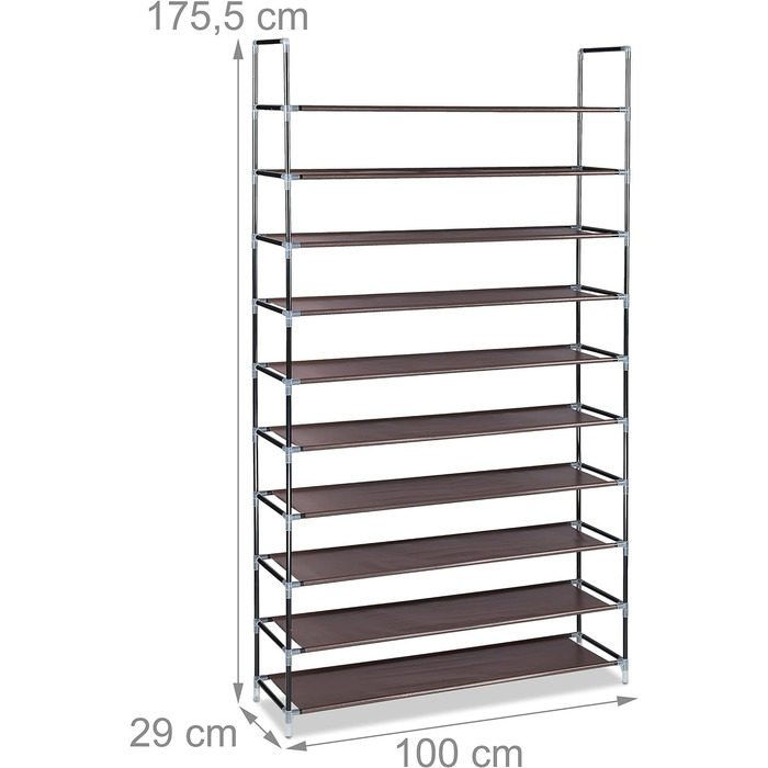 Тканина для полиці для взуття Relaxdays, HWD 175,5x100x29 см, для 50 пар взуття, 10 рівнів, вставна система, каркас для взуття XXL, (коричневий)