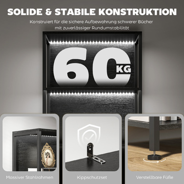 Стильна полиця-стеллаж на 5 ярусів з LED-підсвіткою, 7 кольорів світла, для вітальні, 60 x 30 x 179 см, чорний