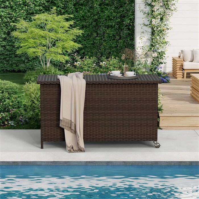 Водонепроникний садовий ящик Amopatio Gartenbox 480л з поліротангу, металевий з колесами та газліфтом для саду, балкону - коричневий