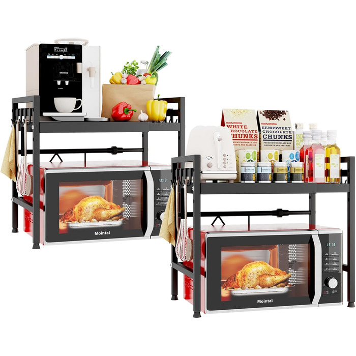 Регульована полиця для мікрохвильової печі, розширювана підставка-органайзер для кухні, з 8 гачків, (2 шт., 2-рівнева, чорна)