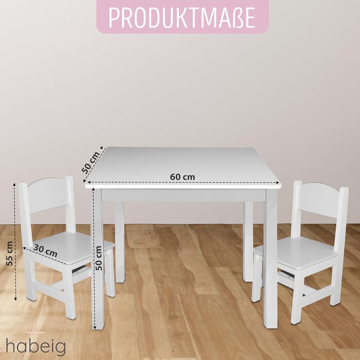 Дитячий стіл та 2 стільці - комплект меблів для дитячої кімнати, 60x50x50 см (білий/білий)