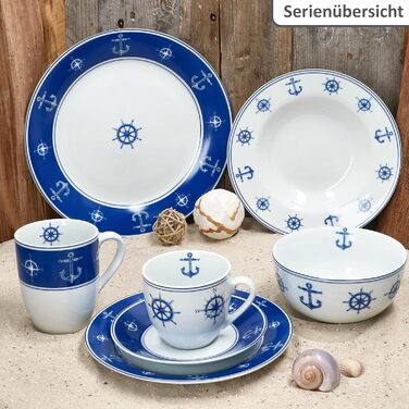 MamboCat AHOI кавовий сервіс 18 предметів (6 осіб) блакитно-білий порцелан з морськими мотивами (якір) | 6 чашок 200 мл, 6 тарілок, 6 підставок