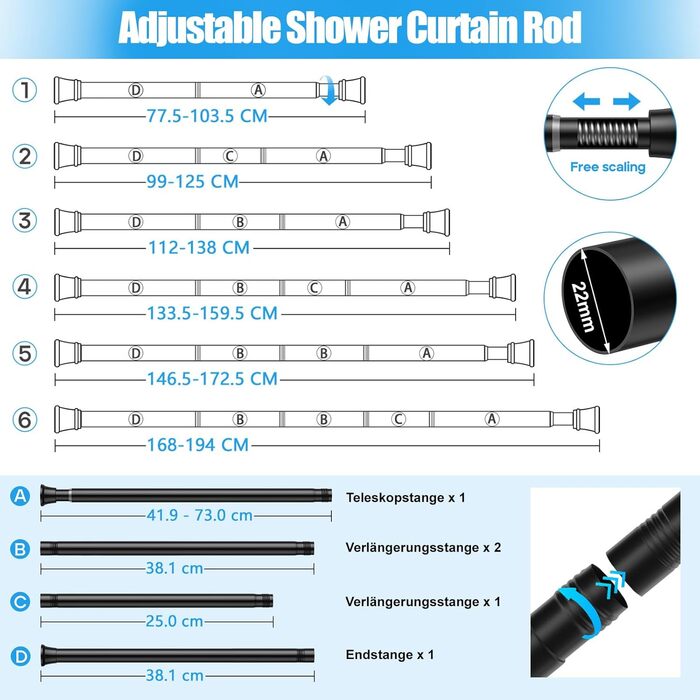 Штанга для карниза без свердління 76-200 см, телескопічна, чорна. Підходить для ванної, кухні, вікна, шафи.