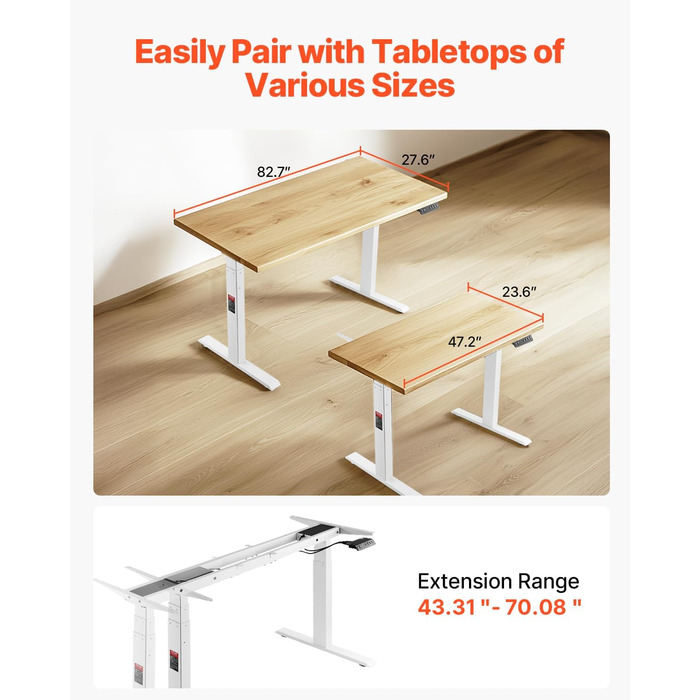 Електричний підйомний стіл-каркас VEVOR з подвійним мотором, регулювання висоти 65-129 см, довжини 110-178 см, ергономічна база для робочого місця, 3 положення (тільки каркас), білий, 110 x 58 x 64 см