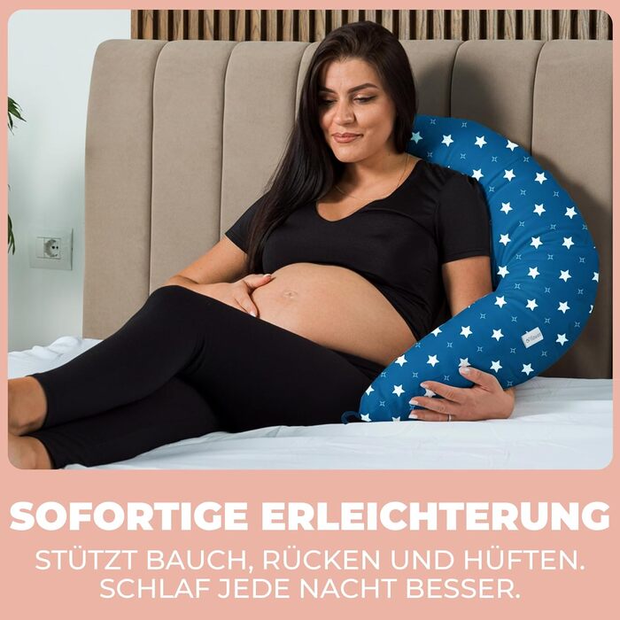 Підголівник для вагітних Stillkissen XXL 200x70см, подушка для годування та сну, балоньєра, з бавовняним чохлом, ергономічна, багатофункціональна, 100% бавовна, блакитний колір з білими зірками