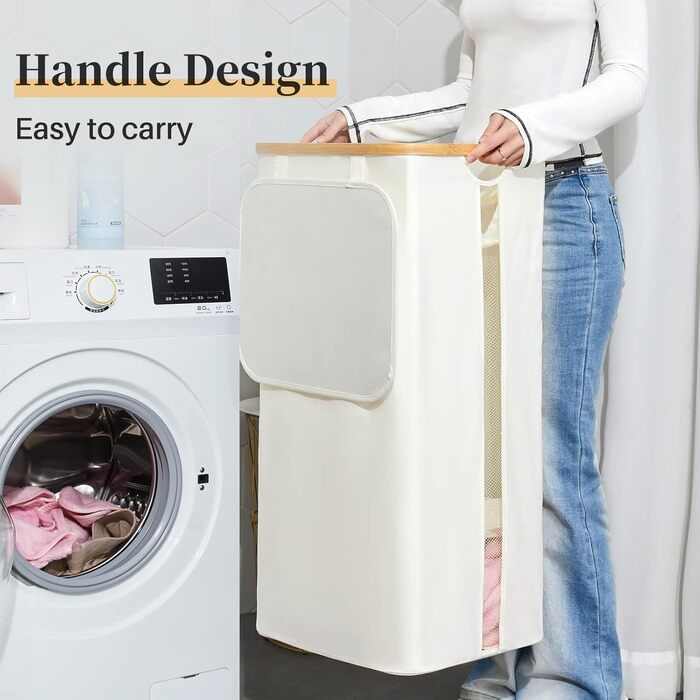 Кошик для білизни з кришкою, 100 л, з прозорим вікном, знімні мішки, для ванної, спальні, дому, іграшок, пральні (бежевий)