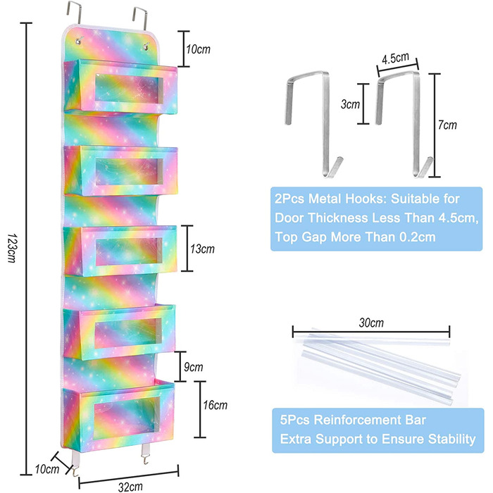 Дверний органайзер Beinou з 5 великими кишенями, 122,9 x 32 см, дверна вішалка з прозорим вікном для комори, дитячої кімнати, ванної кімнати, шафи, (Веселка)