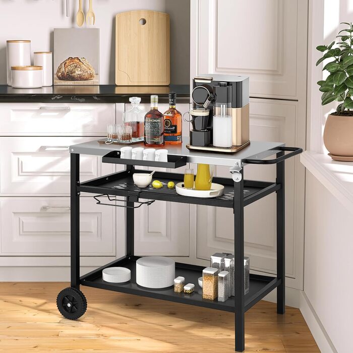 Гриль-візок LEADZM: гриль-стіл для вулиці, 95 x 45 x 83 см, стіл з нержавіючої сталі срібного кольору, на колесах, мобільний, сервісний візок для садів, чорний (97x51x83 см)