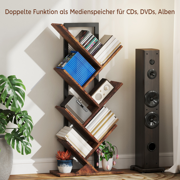 Стильна полиця-стійка з 7 ярусами, вузька полиця у формі дерева для офісу, рустикального коричневого кольору.