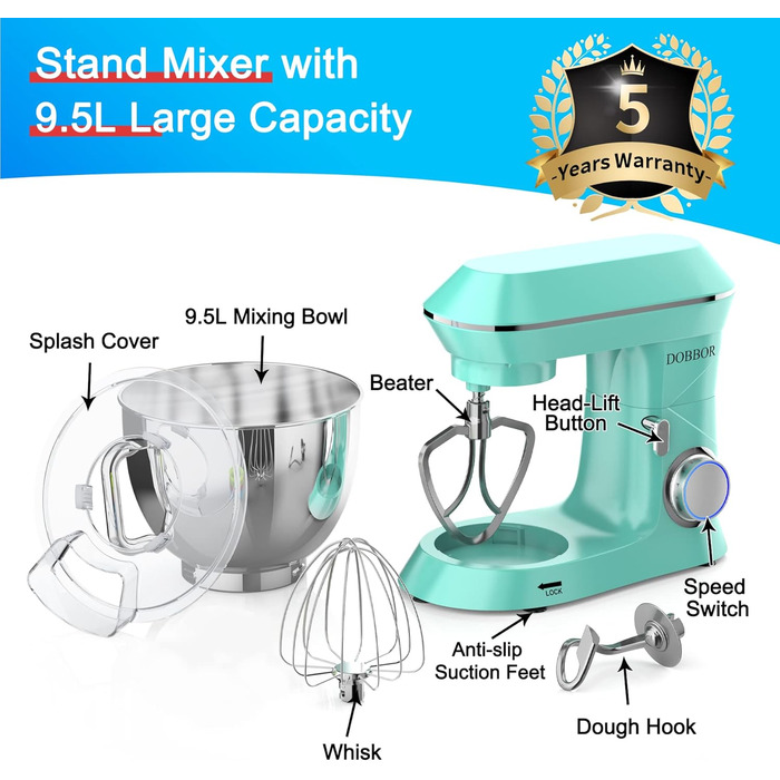 Кухонна машина 9.5л з планетарним міксером, 1500W, DOBBOR, з набором насадок (міксер, гак для тіста, вінчик), 7 швидкостей, синій колір