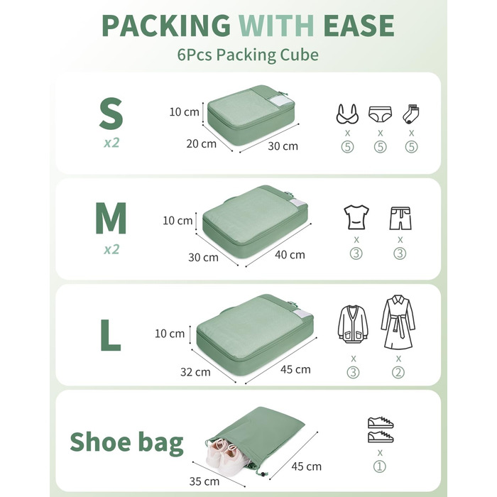 Набір органайзерів для валізи ECOHUB, 6 легких пакувальних кубів для подорожей з ID-біркою, дихаючі сумки-органайзери з переробленого матеріалу (Зелений)