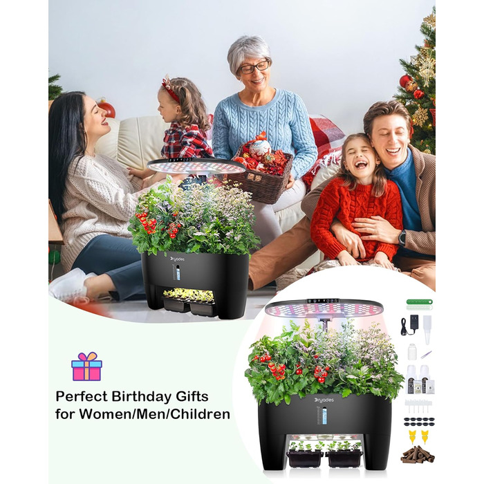Гідропонна система вирощування: 8 горщиків, 24W LED лампа повного спектру з сигналом про нестачу води | Внутрішній сад для кухні, вітальні, школи | Подарунок для любителів садівництва (16 горщиків - Чорний)
